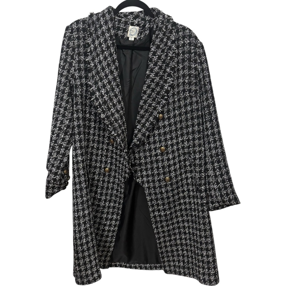 Blue Rain Tweed Houndstooth Classic Double Breasted Long‎ Blazer Jacket
